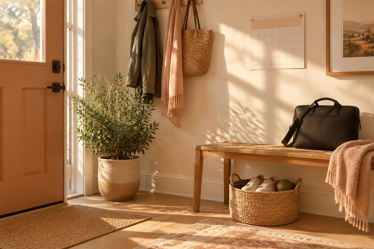 A calm family entryway with a work bag and kids' shoes
