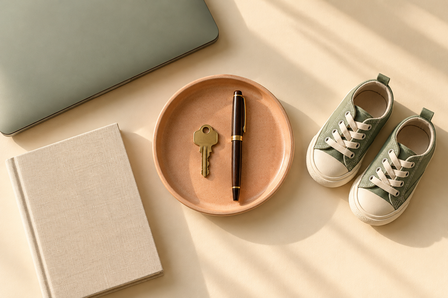 Toddler shoes beside a laptop, notebook, and a peach tray holding a key and pen, representing work and family responsibilities.