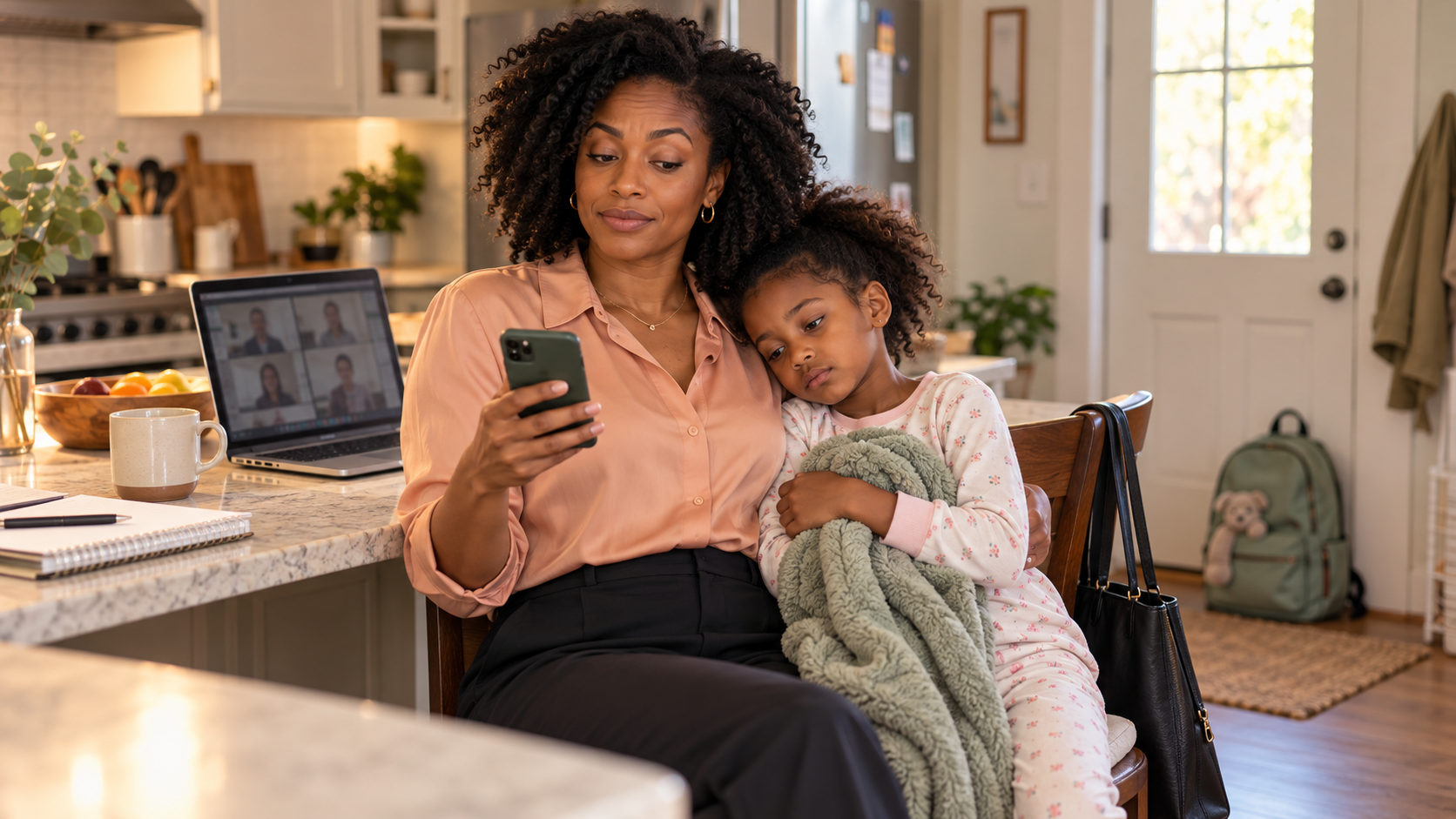 Mother dressed for work checking her phone beside her child in pajamas, with a video meeting open nearby.